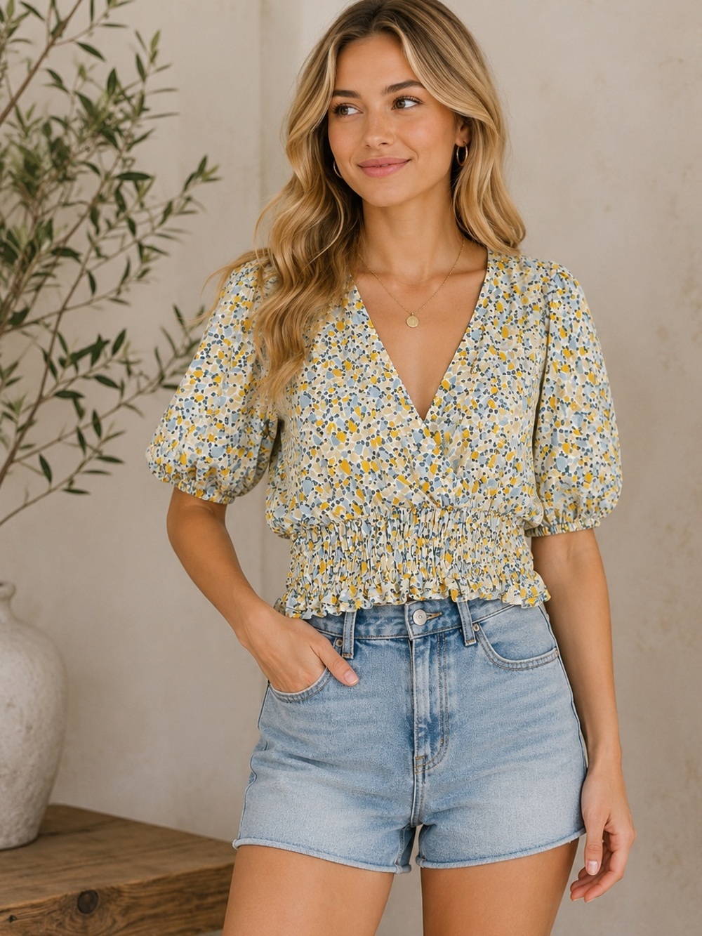 Sim & Sam 100% Cotton Floral Smocked Puff Sleeve Wrap Blouse Size XL